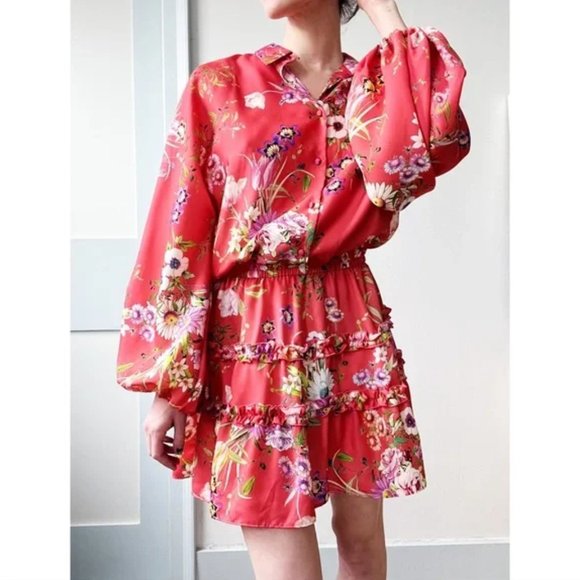 Alexis Loe Floral Ruffle Long Puff Sleeve Ruffle Mini Dress Red Orange XS - Picture 1 of 14